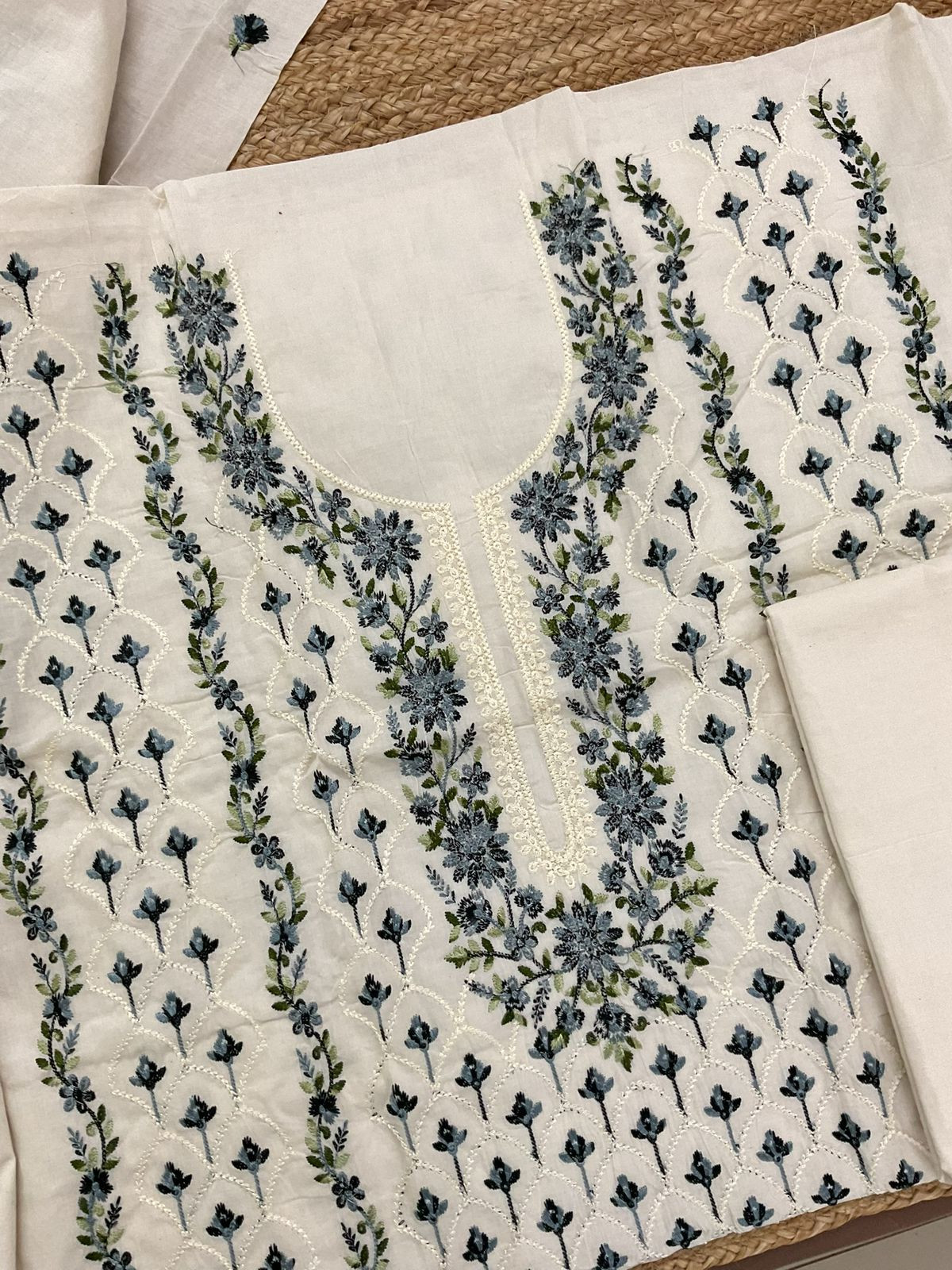 Pure Cotton Embroidered Suit - Cream