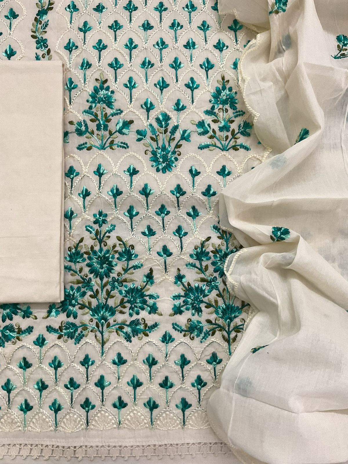 Pure Cotton Embroidered Suit - Cream