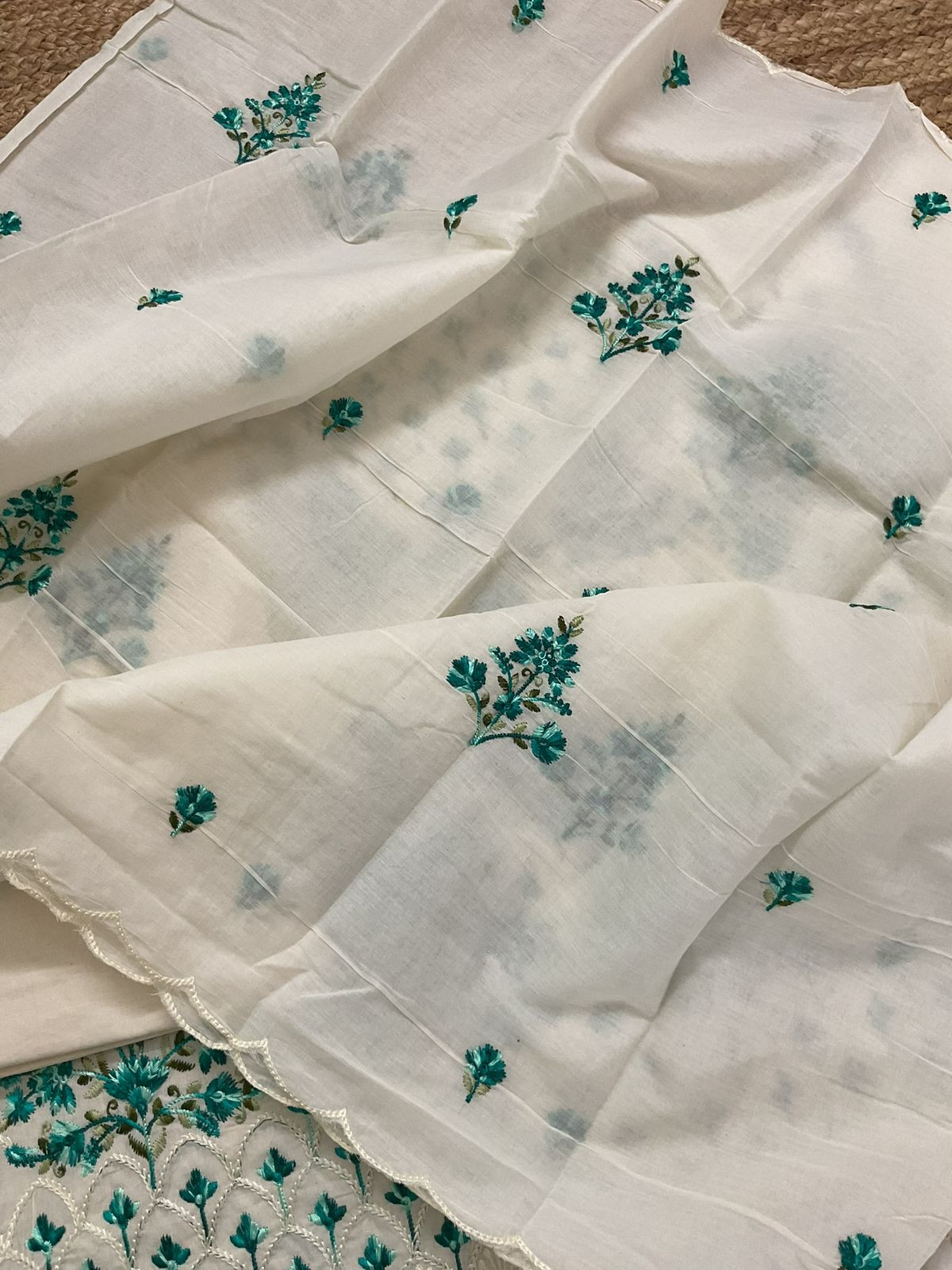 Pure Cotton Embroidered Suit - Cream