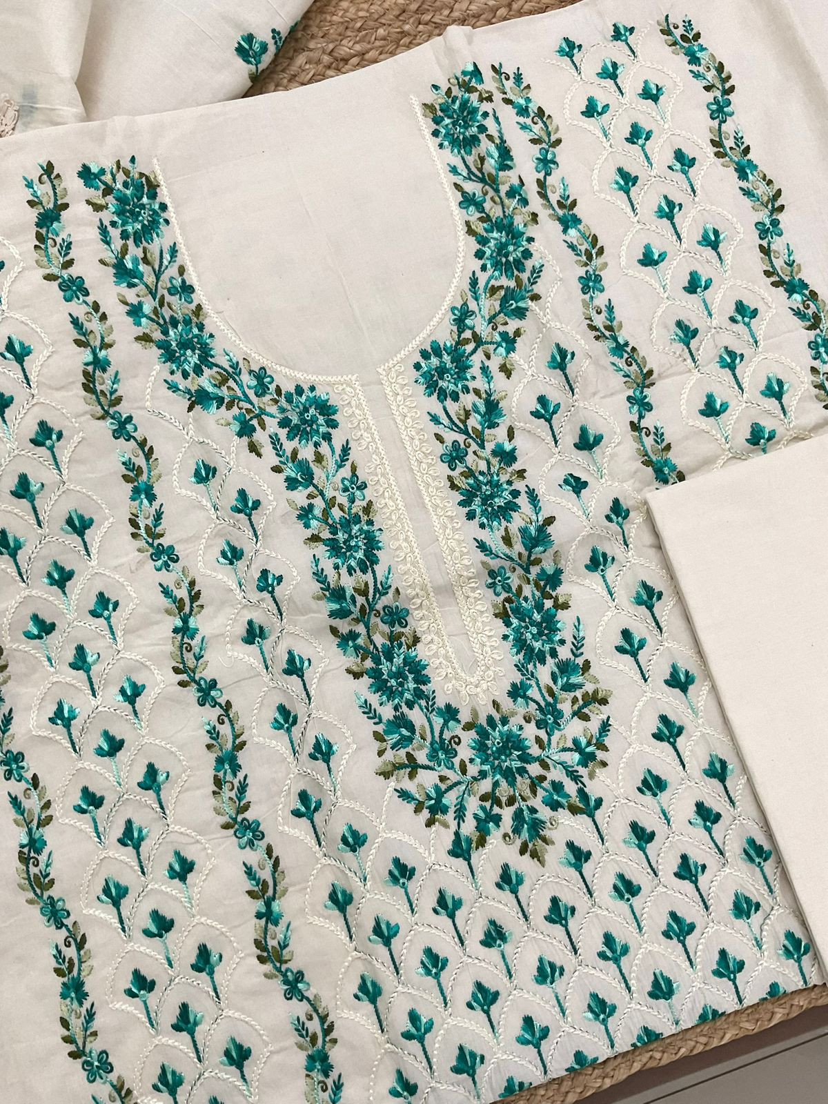Pure Cotton Embroidered Suit - Cream
