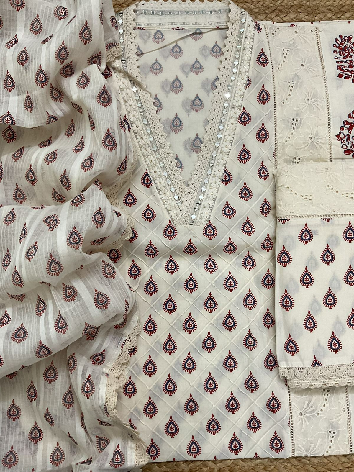 Pure Cotton Printed Embroidered Suit - Cream