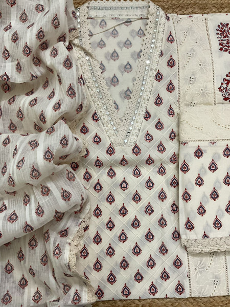 Image of Pure Cotton Printed Embroidered Suit - Cream