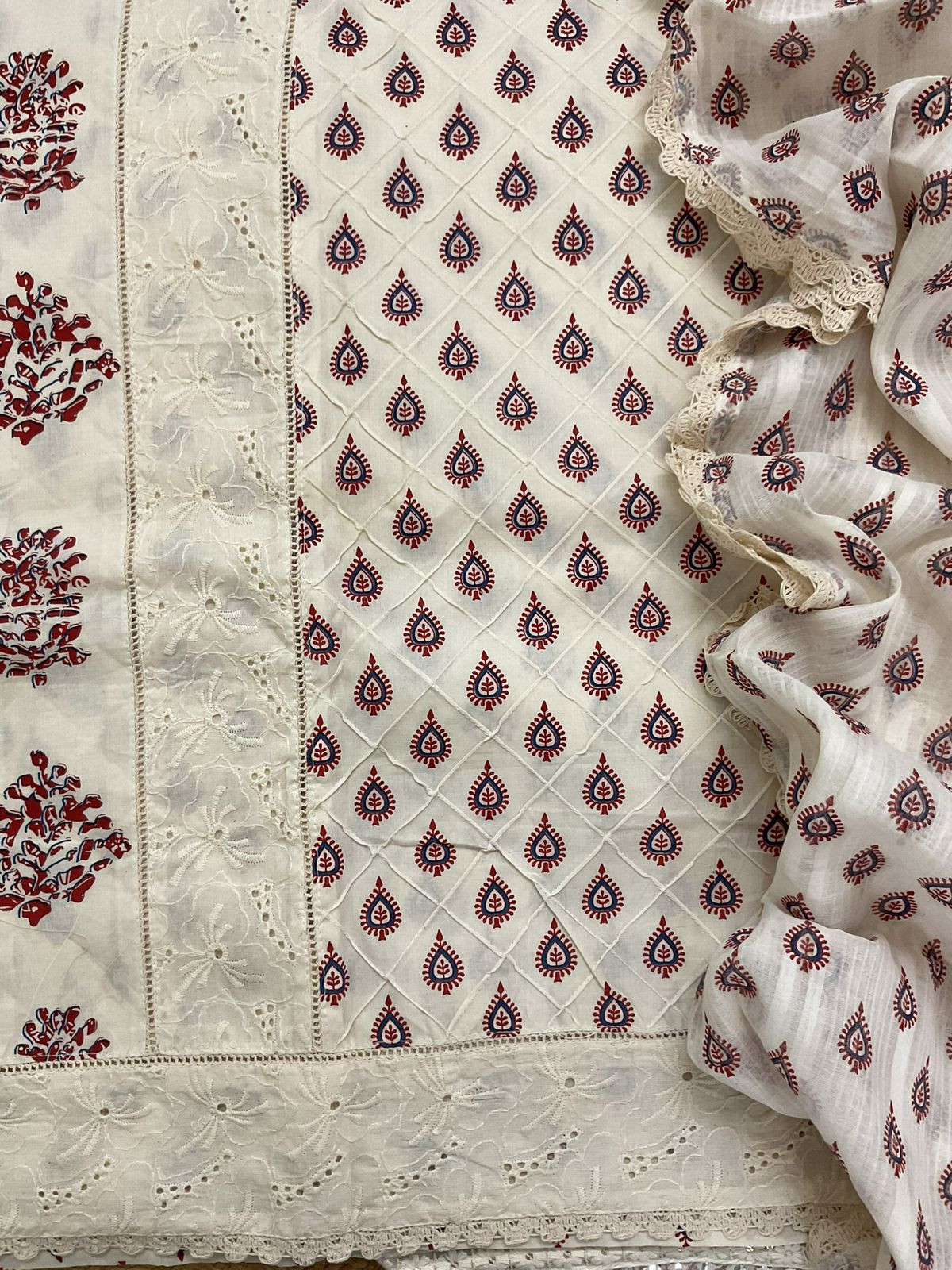 Pure Cotton Printed Embroidered Suit - Cream