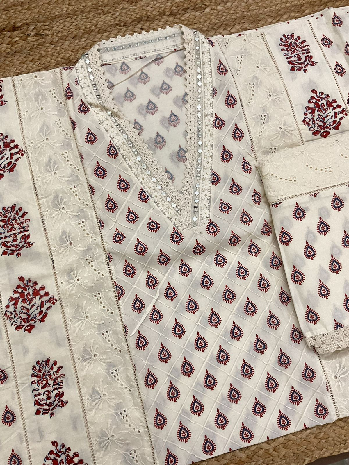 Pure Cotton Printed Embroidered Suit - Cream