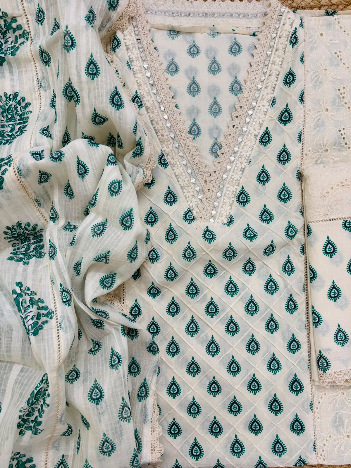 Pure Cotton Printed Embroidered Suit - Cream