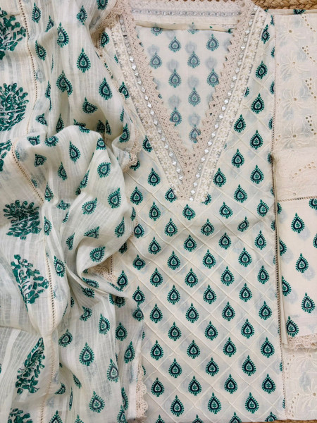 Image of Pure Cotton Printed Embroidered Suit - Cream