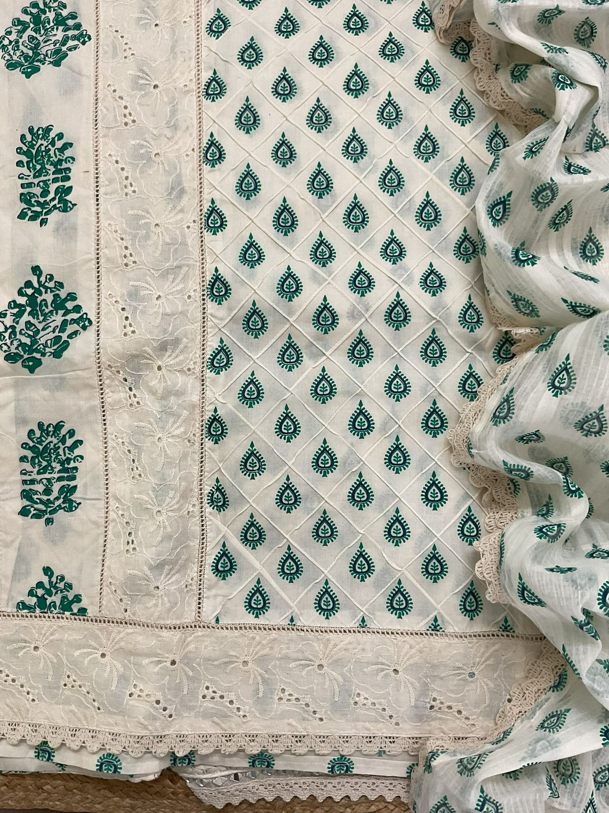 Pure Cotton Printed Embroidered Suit - Cream