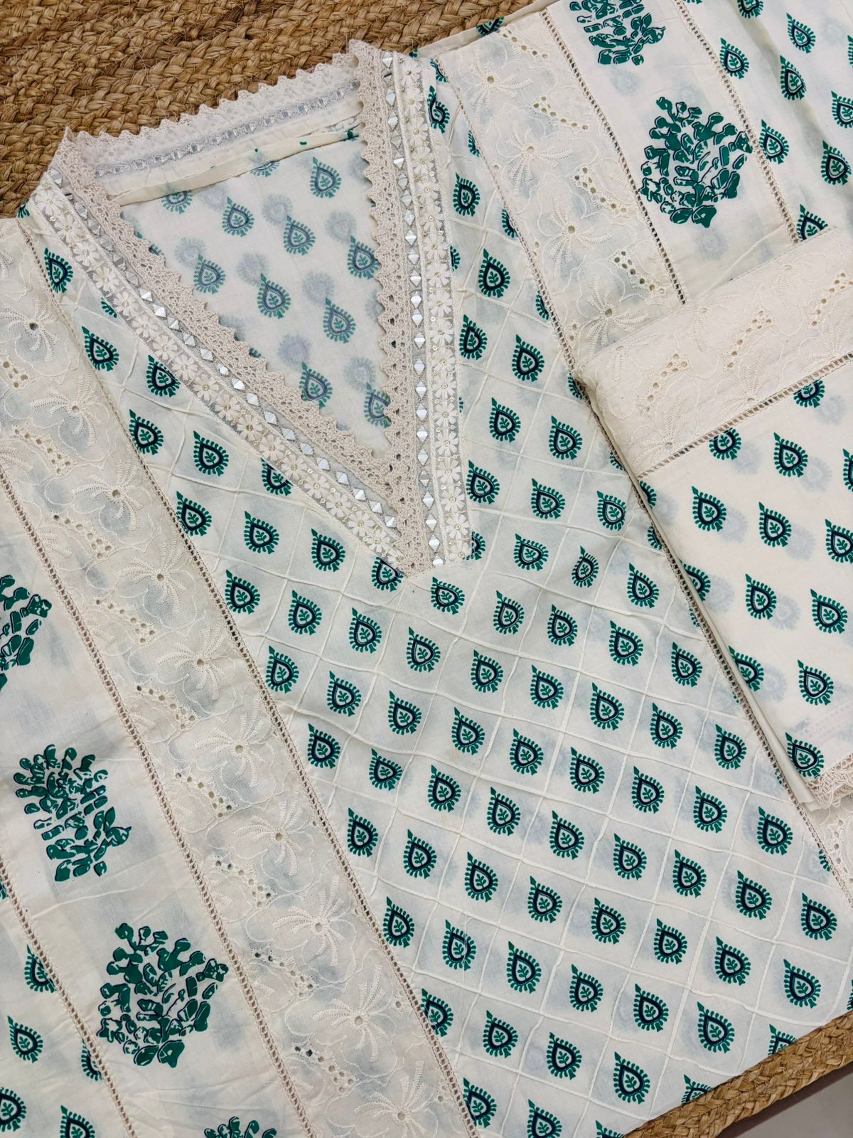 Pure Cotton Printed Embroidered Suit - Cream
