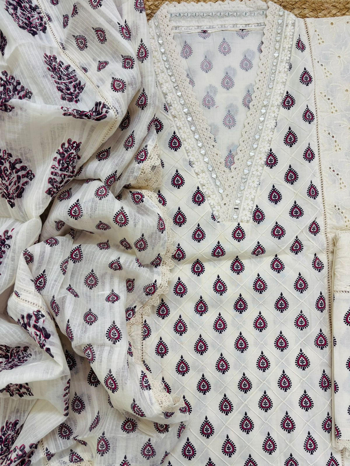 Pure Cotton Printed Embroidered Suit - Cream