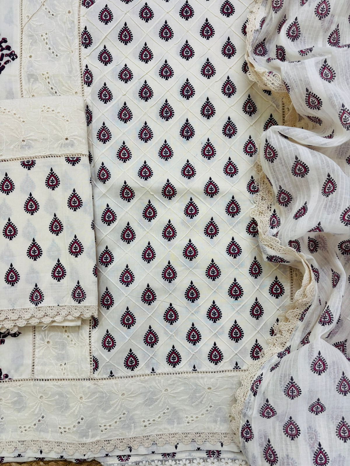 Pure Cotton Printed Embroidered Suit - Cream