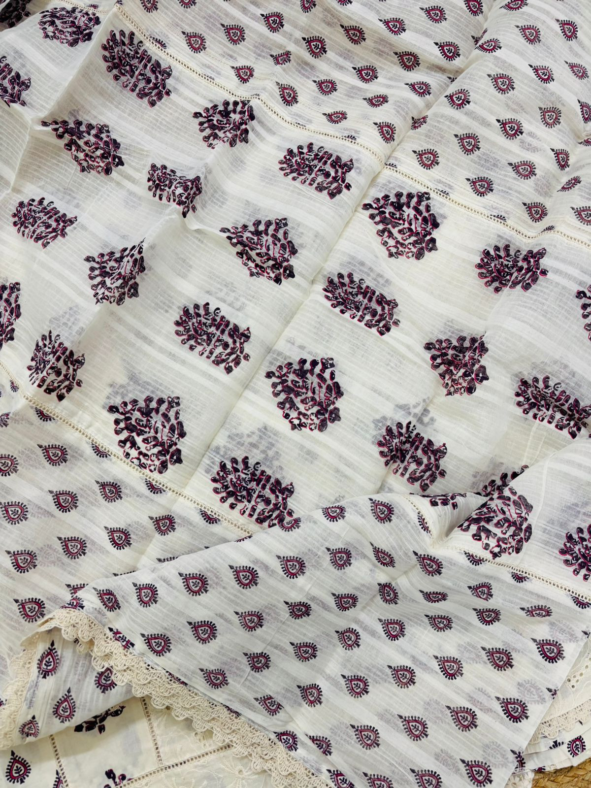 Pure Cotton Printed Embroidered Suit - Cream