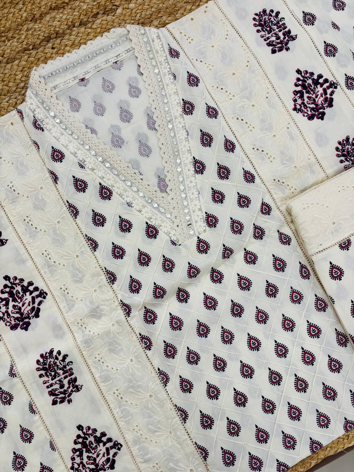 Pure Cotton Printed Embroidered Suit - Cream