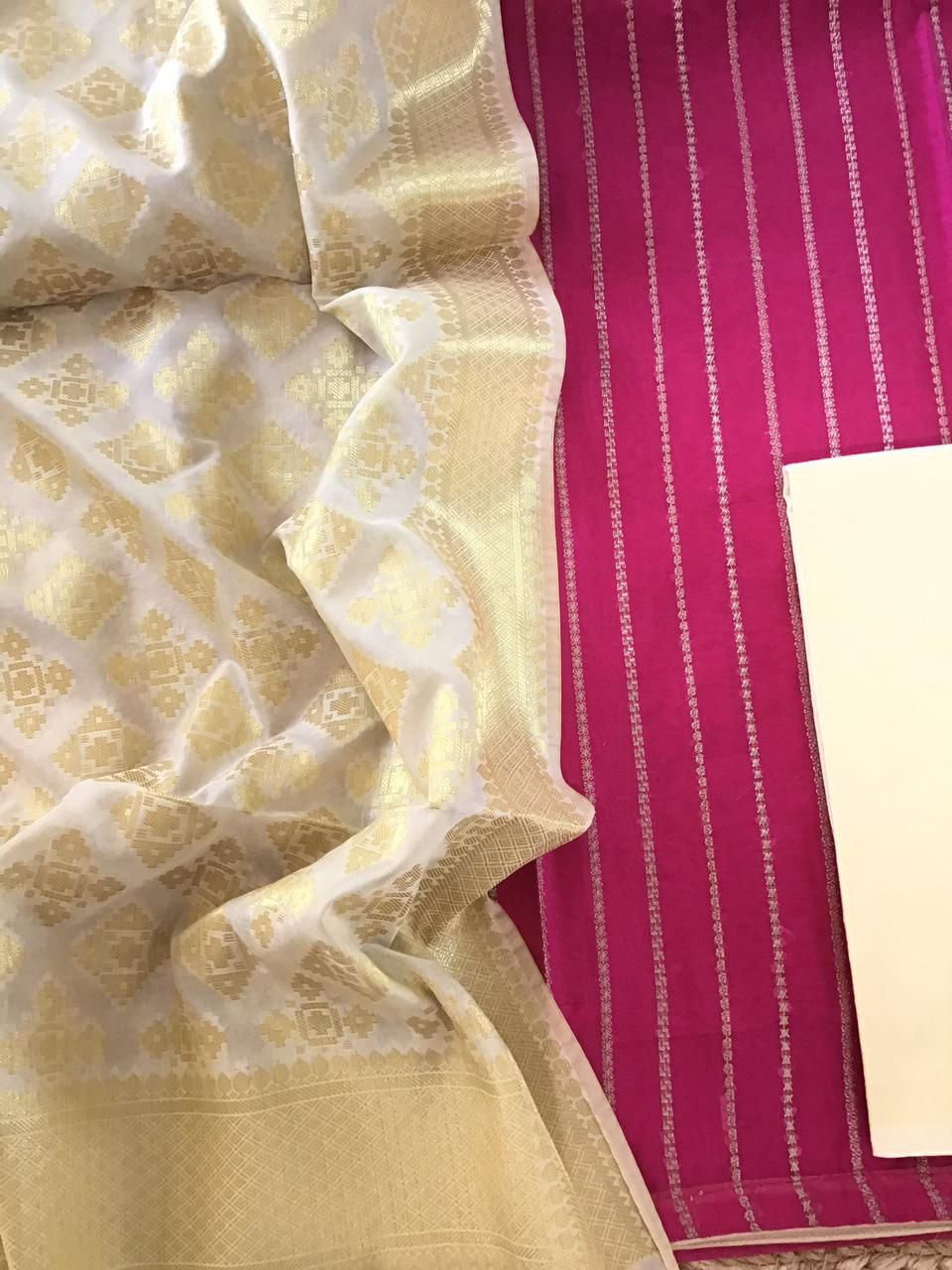 Soft Chanderi Embroidered Banarasi Weaved Suit - Pink