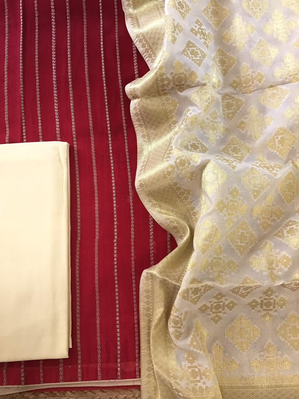 Soft Chanderi Embroidered Banarasi Weaved Suit - Red