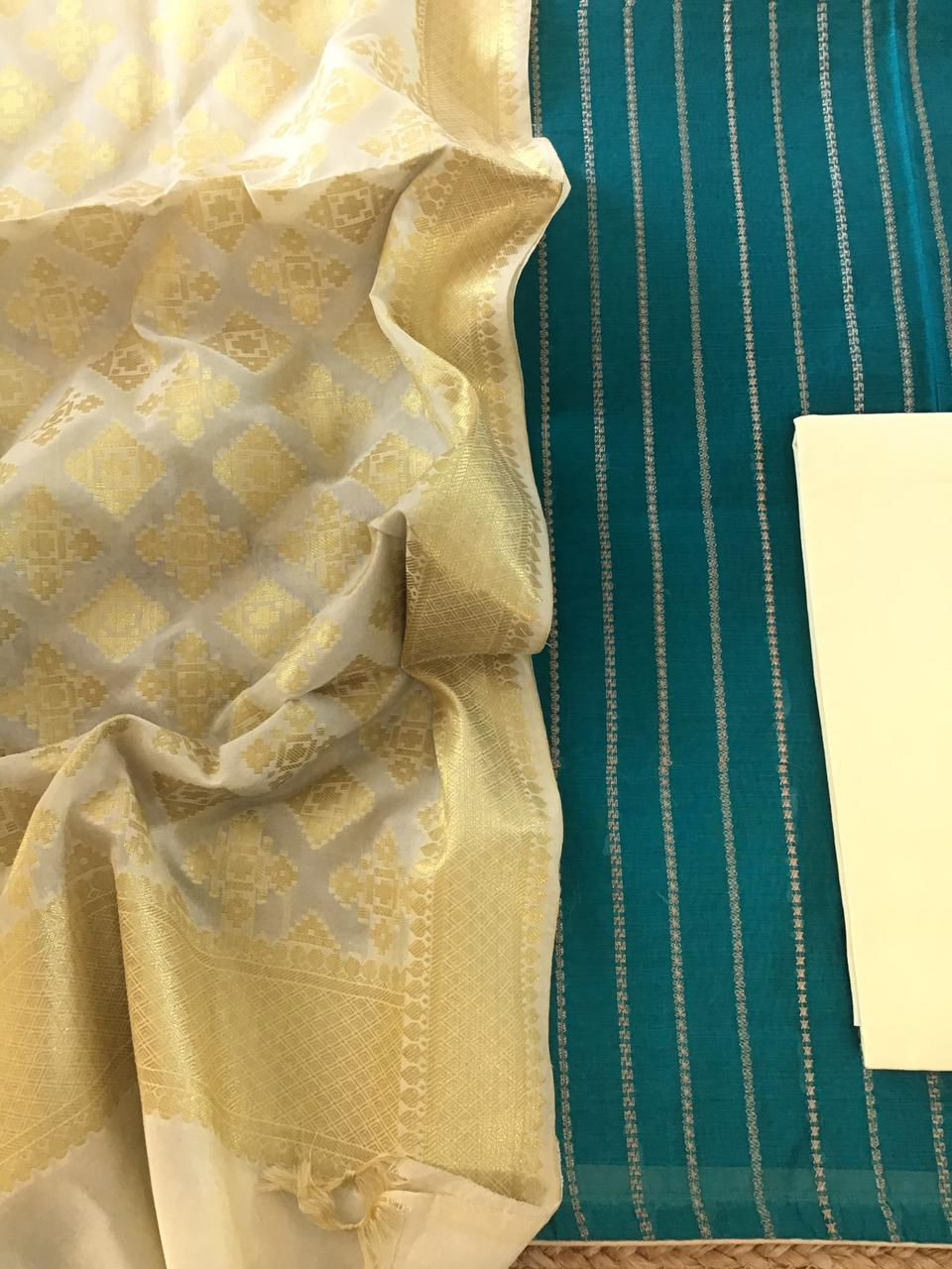 Soft Chanderi Embroidered Banarasi Weaved Suit - Green