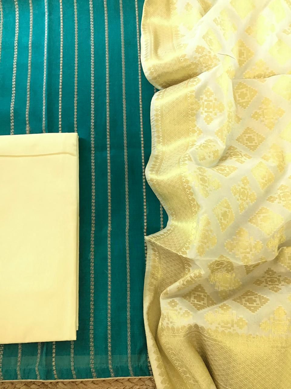 Soft Chanderi Embroidered Banarasi Weaved Suit - Green