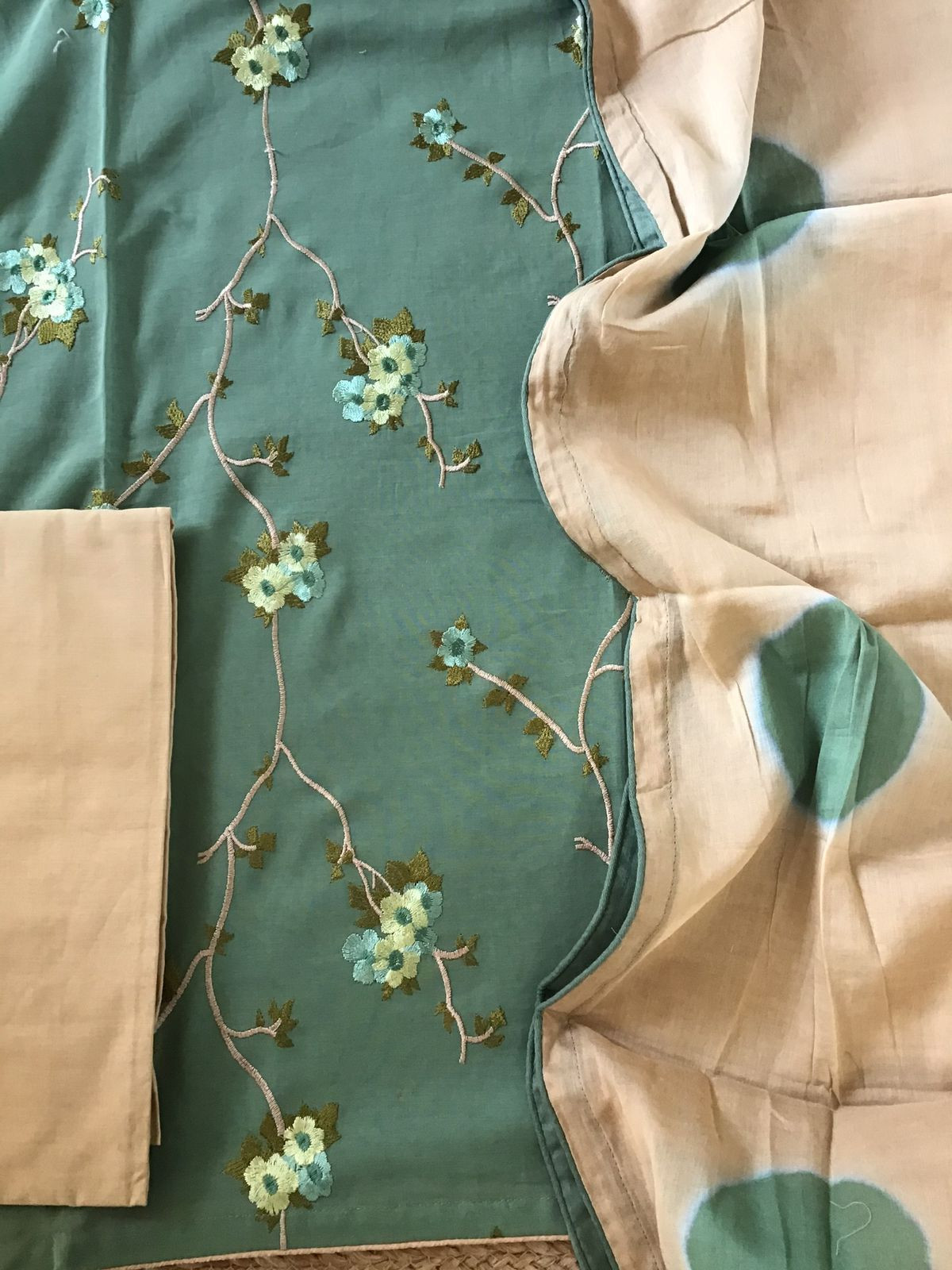 Pure Cotton Printed Embroidered Suit - Green