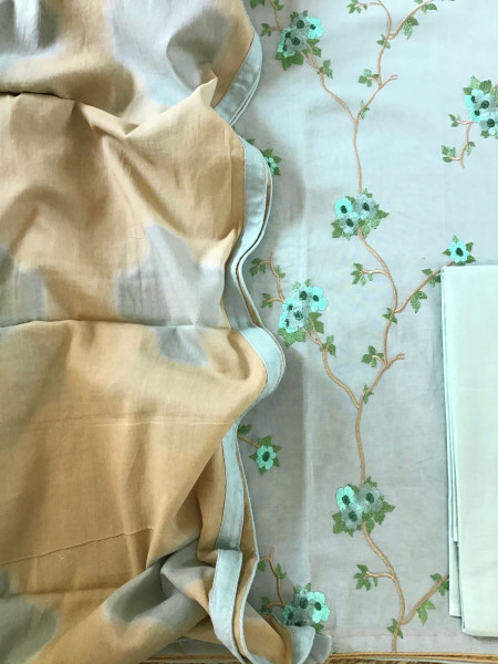 Image of Pure Cotton Printed Embroidered Suit - Blue