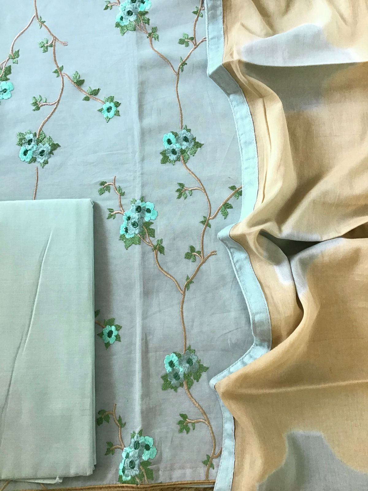 Pure Cotton Printed Embroidered Suit - Blue