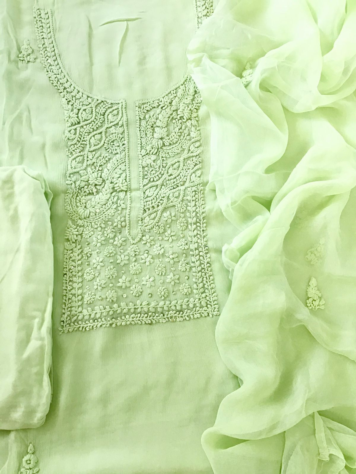Pure Chinnon Silk Embroidered Suit - Green