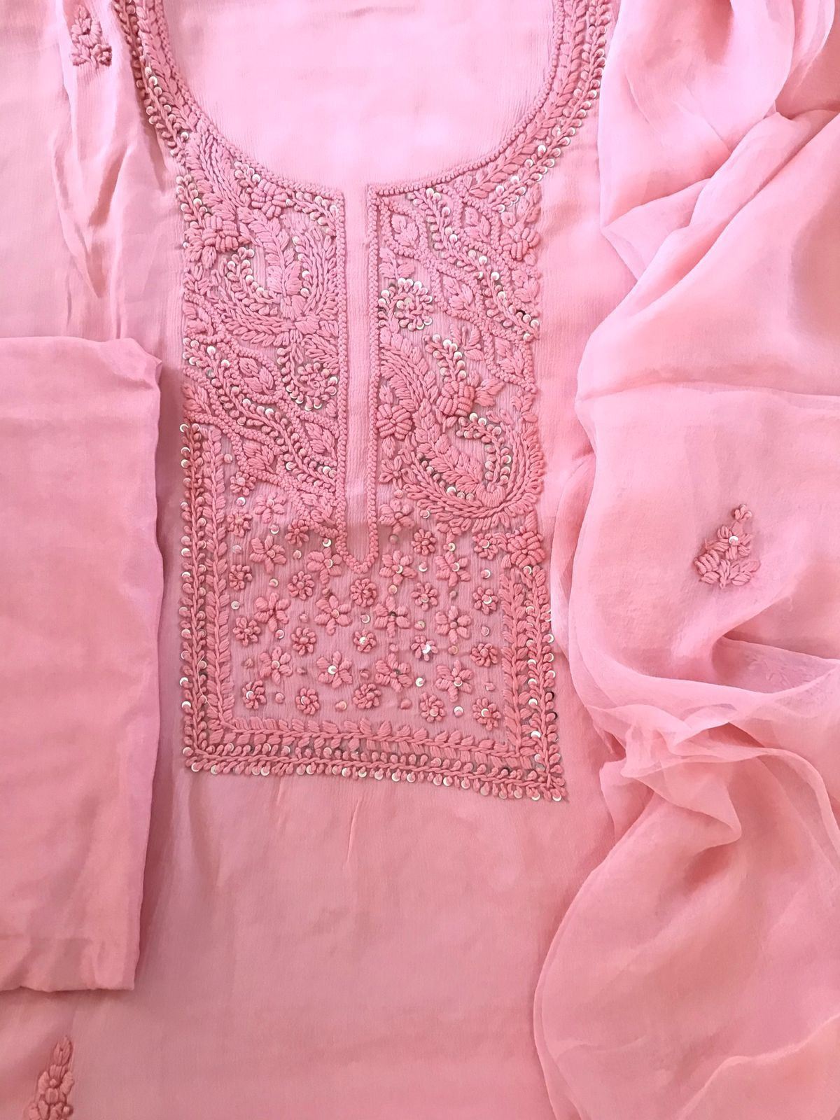 Pure Chinnon Silk Embroidered Suit - Pink