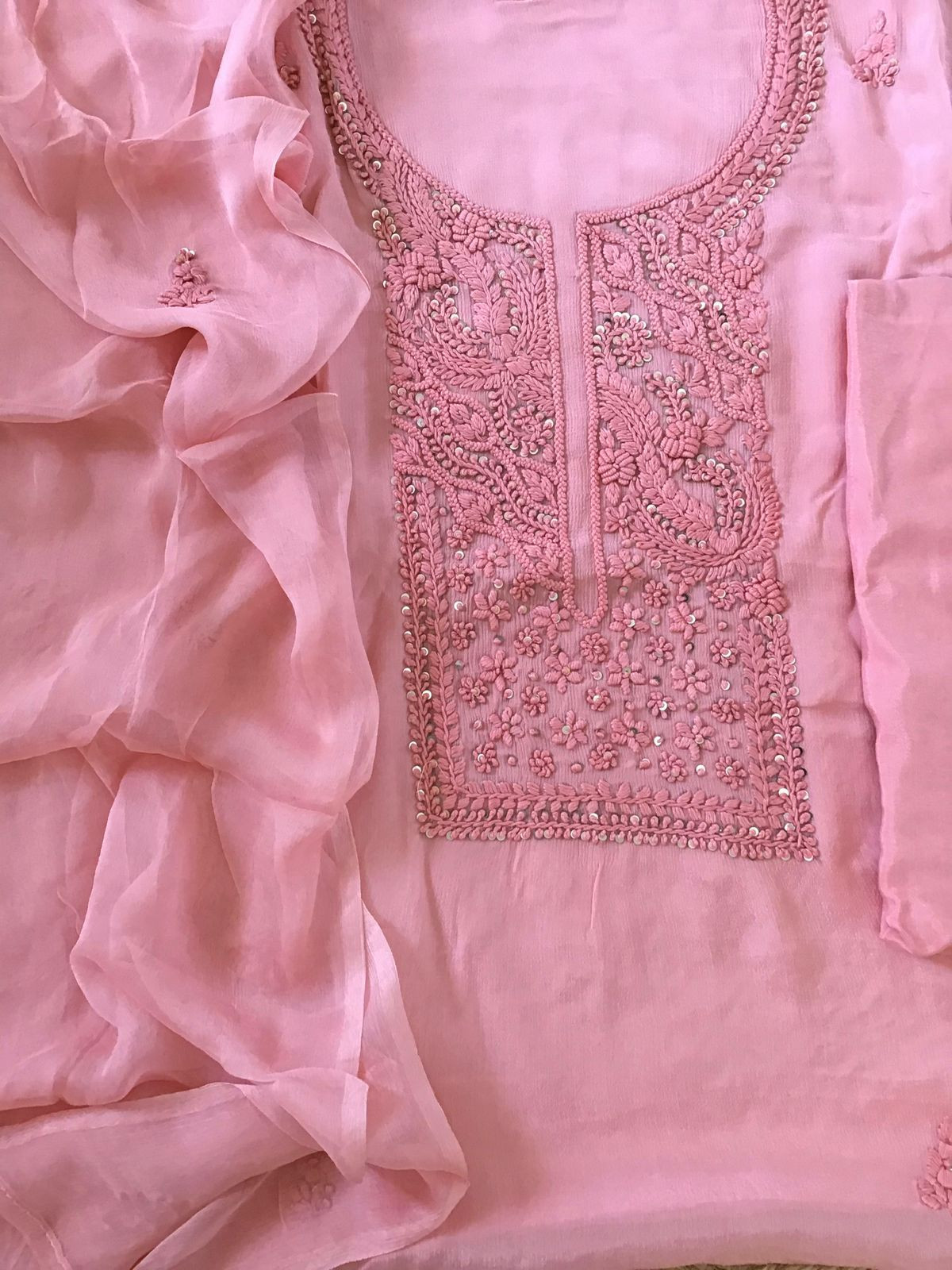 Pure Chinnon Silk Embroidered Suit - Pink