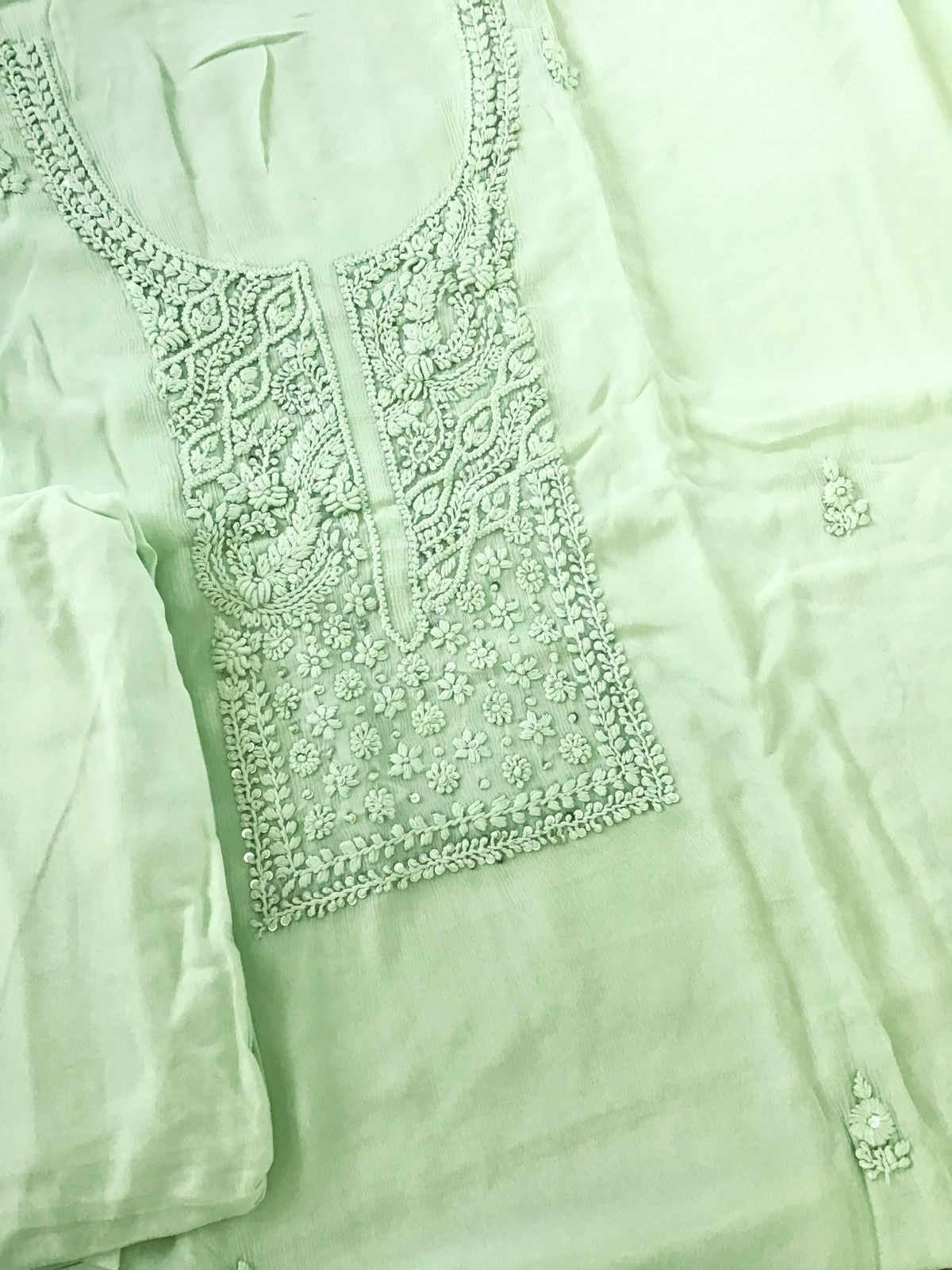 Pure Chinnon Silk Embroidered Suit - Green
