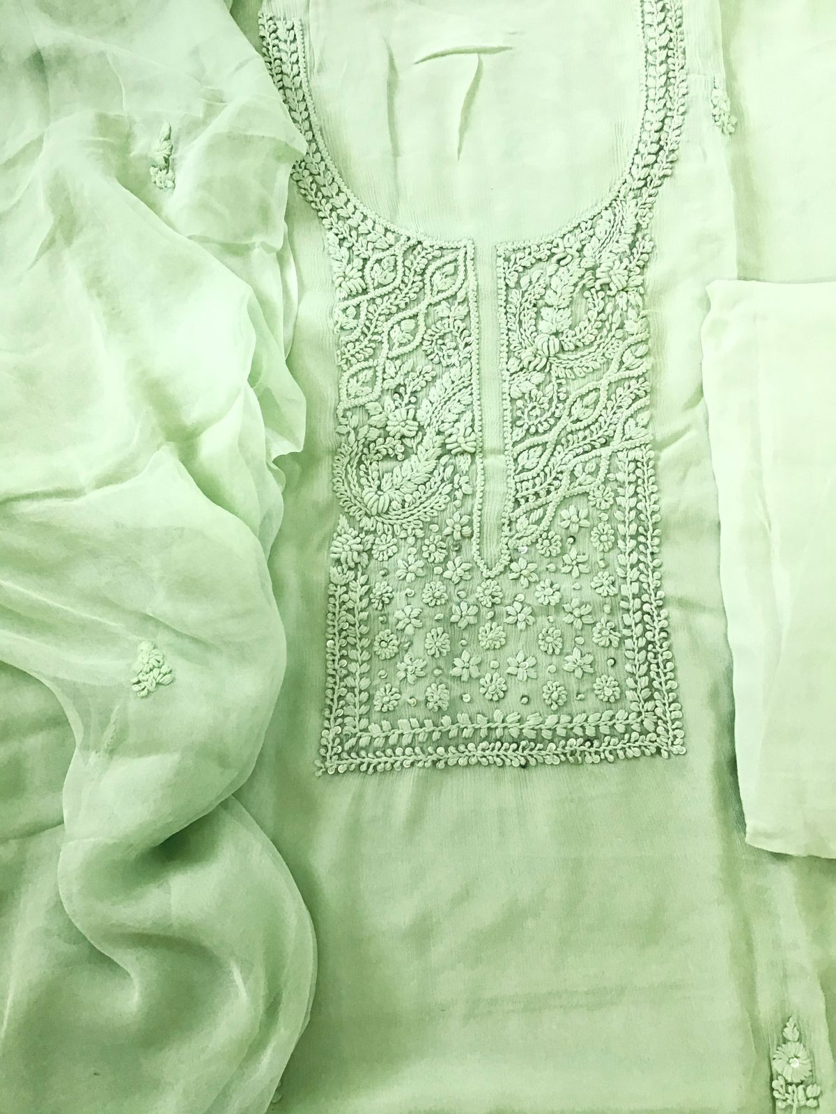 Pure Chinnon Silk Embroidered Suit - Green