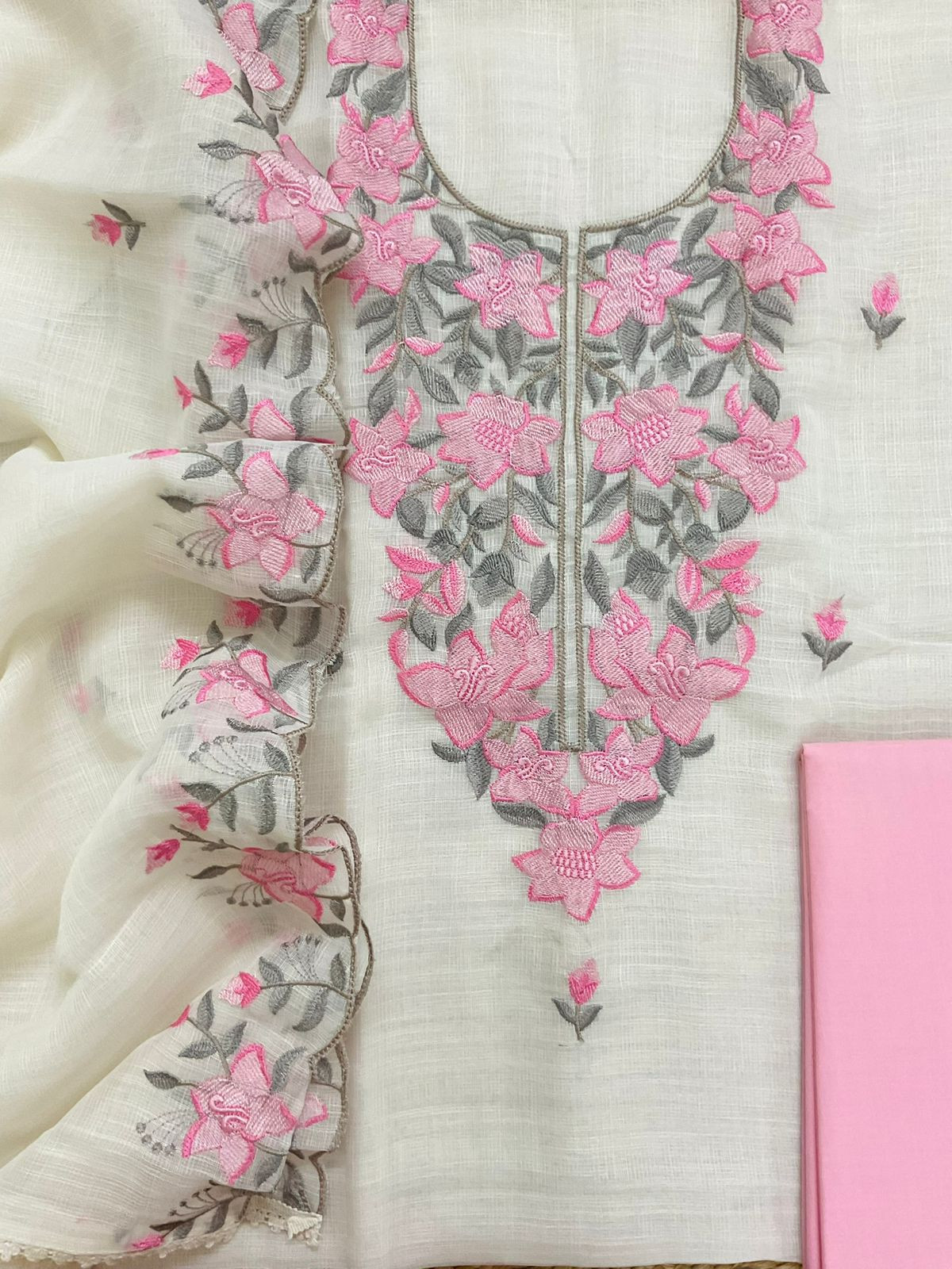 Soft Jute Kota Cotton Embroidered Suit - Off White