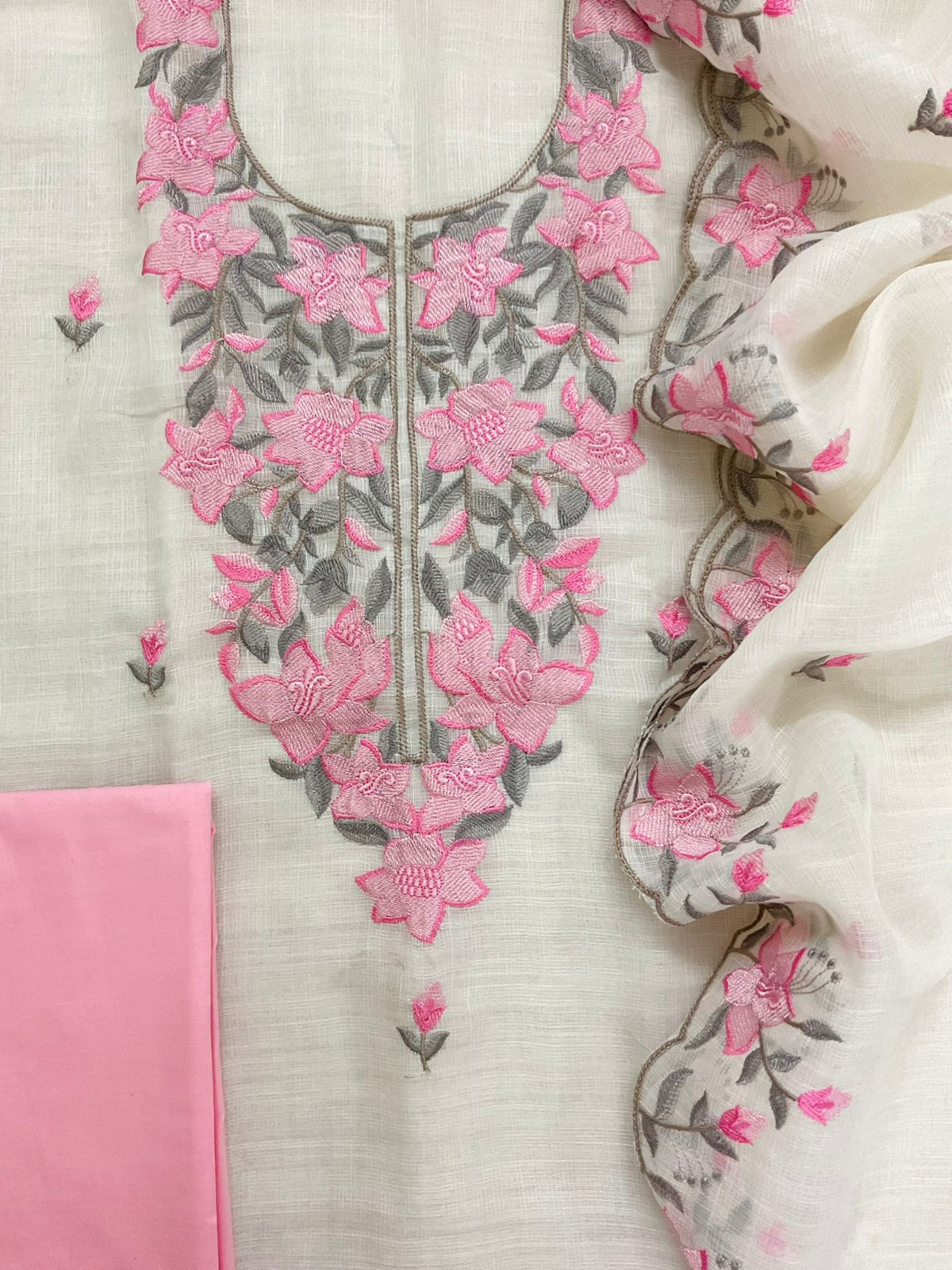 Soft Jute Kota Cotton Embroidered Suit - Off White