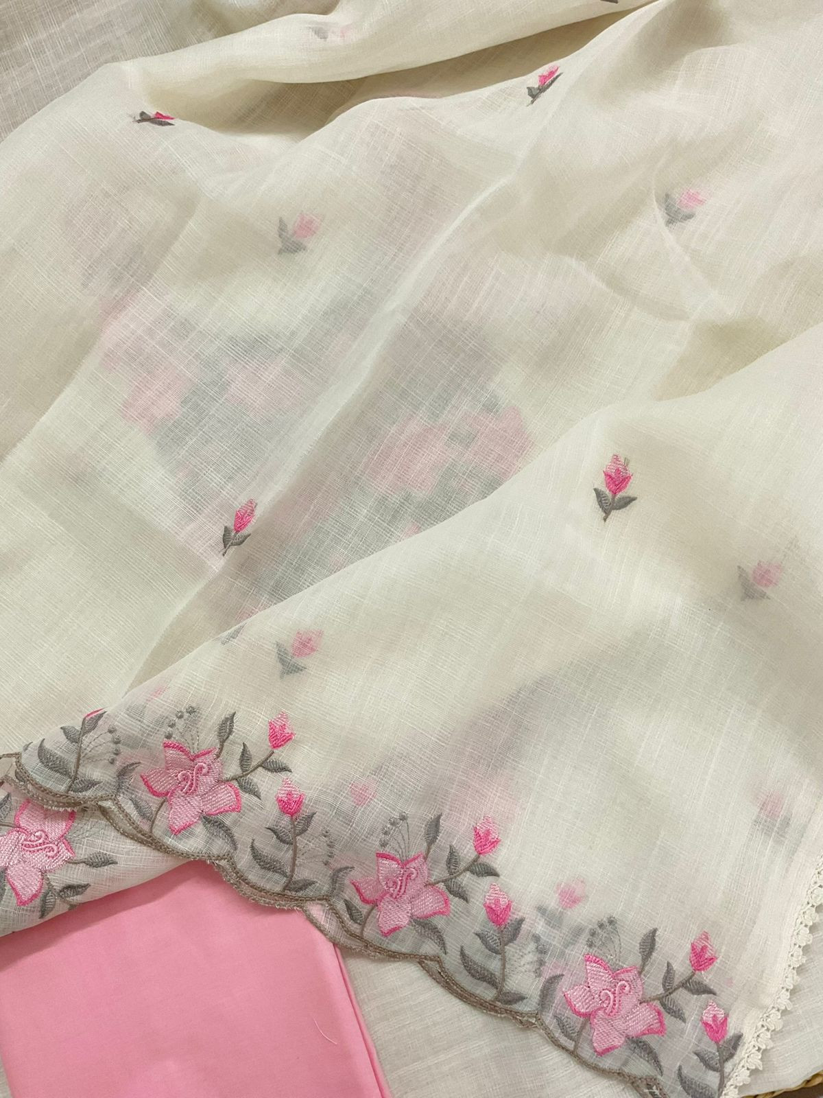 Soft Jute Kota Cotton Embroidered Suit - Off White