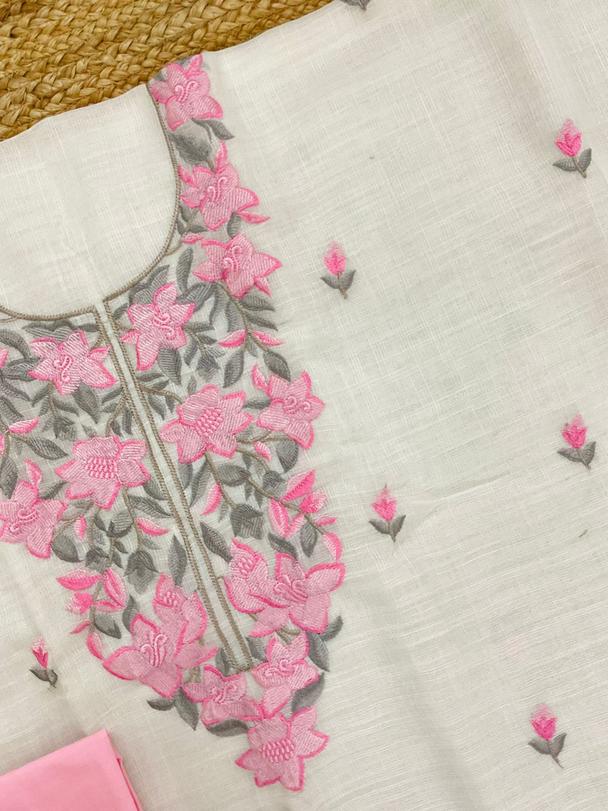 Soft Jute Kota Cotton Embroidered Suit - Off White