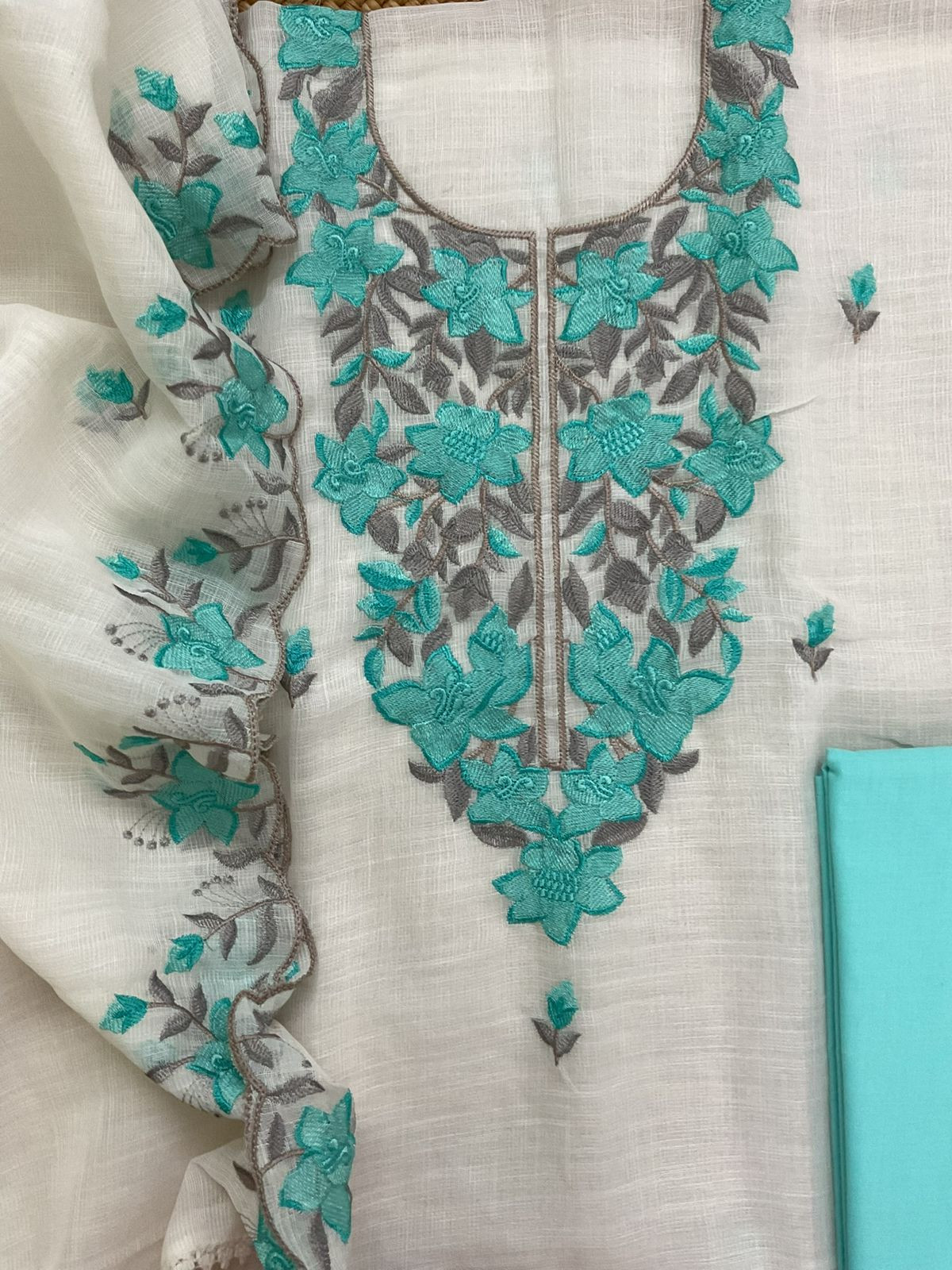 Soft Jute Kota Cotton Embroidered Suit - Off White