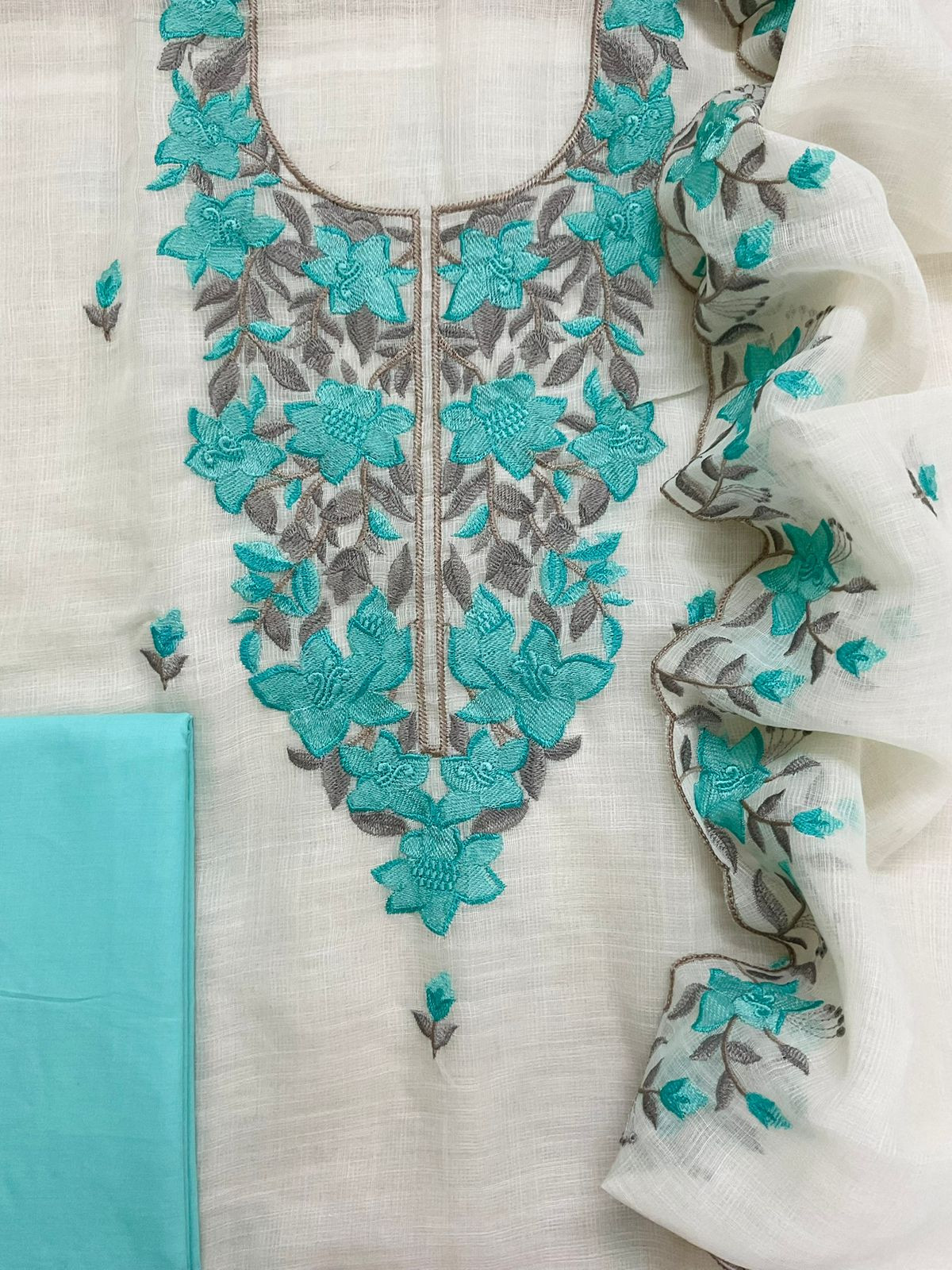 Soft Jute Kota Cotton Embroidered Suit - Off White