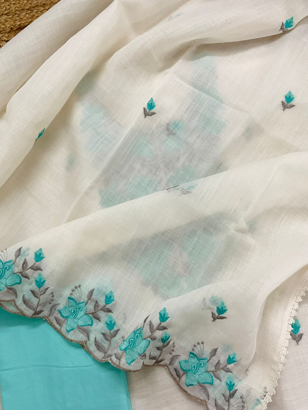 Soft Jute Kota Cotton Embroidered Suit - Off White