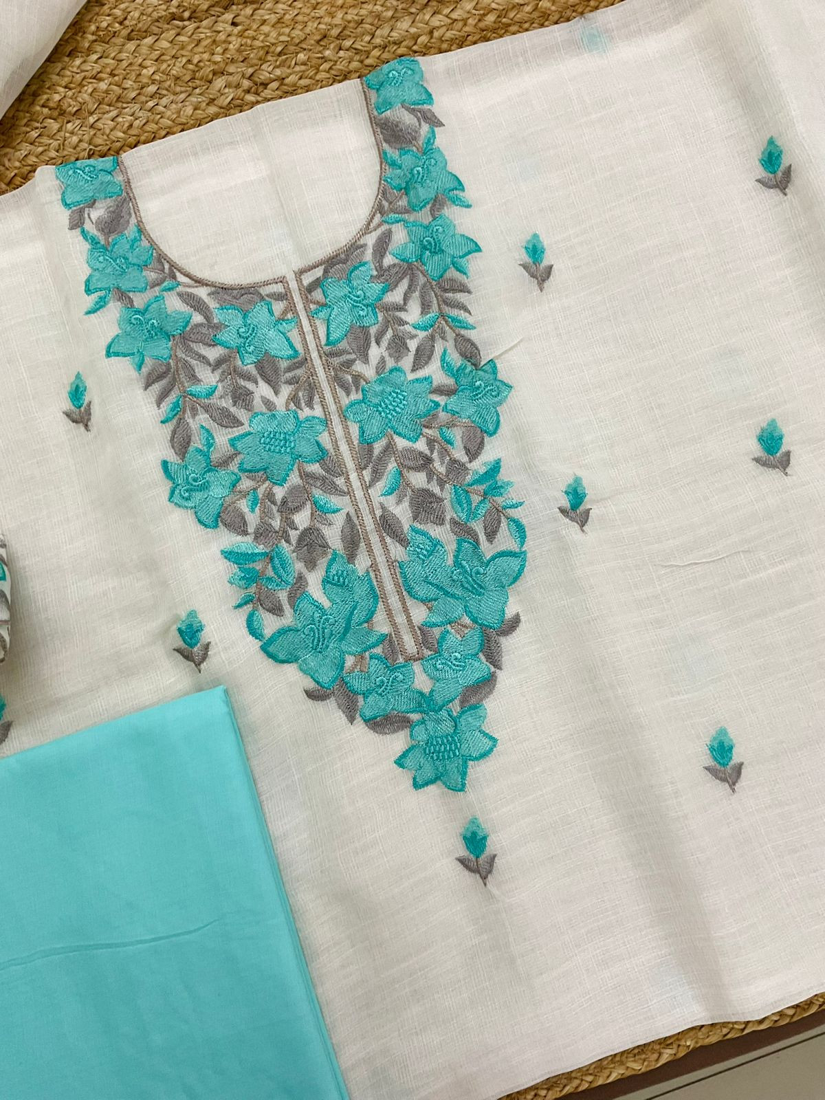 Soft Jute Kota Cotton Embroidered Suit - Off White