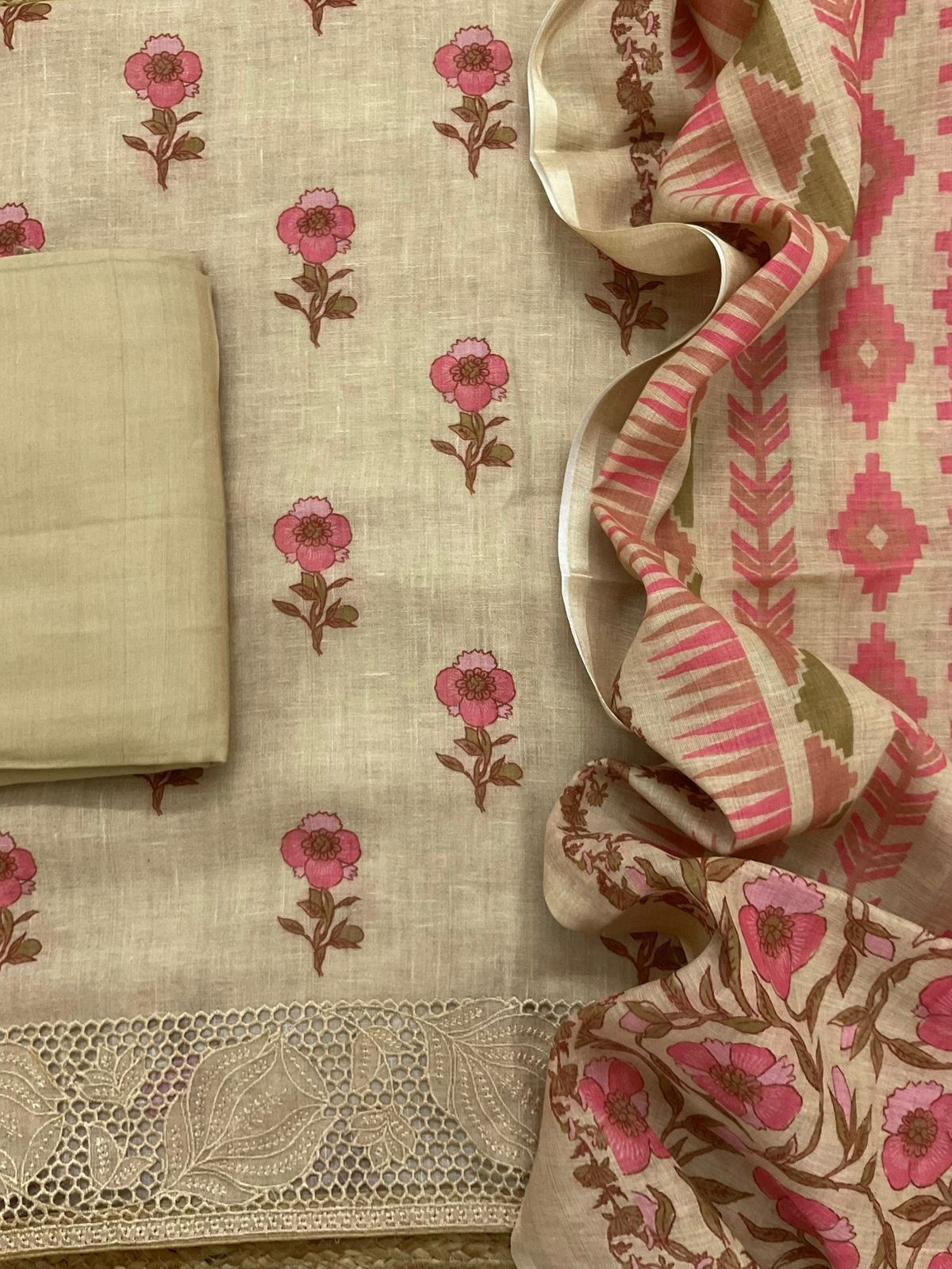 Soft Linen Jute Cotton Printed Embroidered Suit - Beige