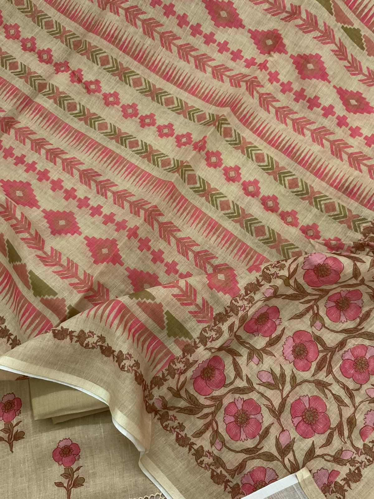 Soft Linen Jute Cotton Printed Embroidered Suit - Beige