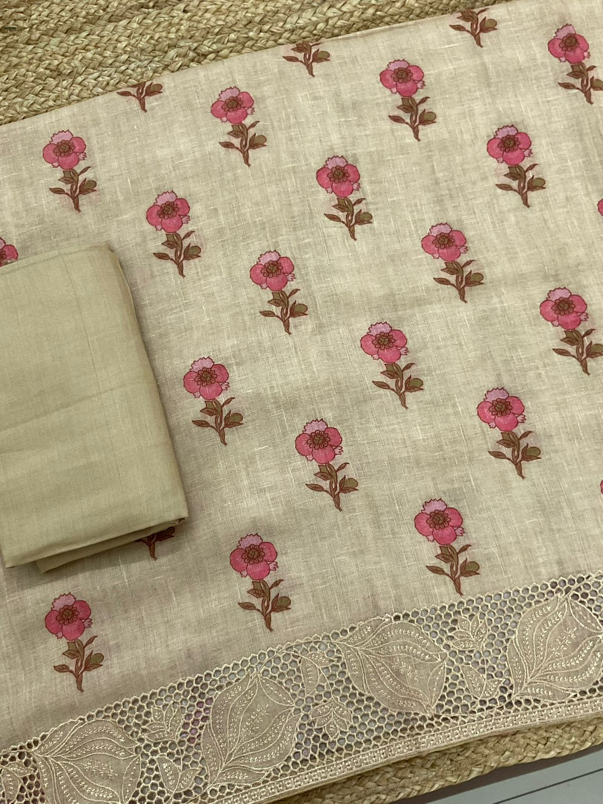 Soft Linen Jute Cotton Printed Embroidered Suit - Beige