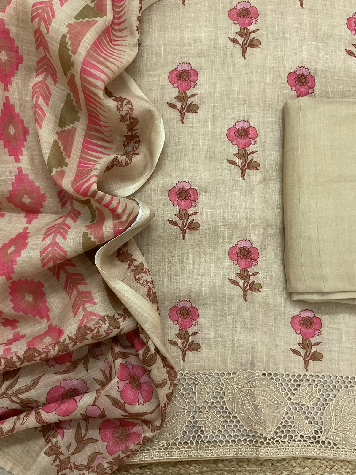 Soft Linen Jute Cotton Printed Embroidered Suit - Beige