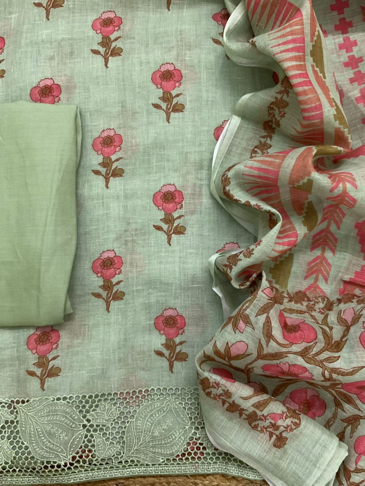 Soft Linen Jute Cotton Printed Embroidered Suit - Green