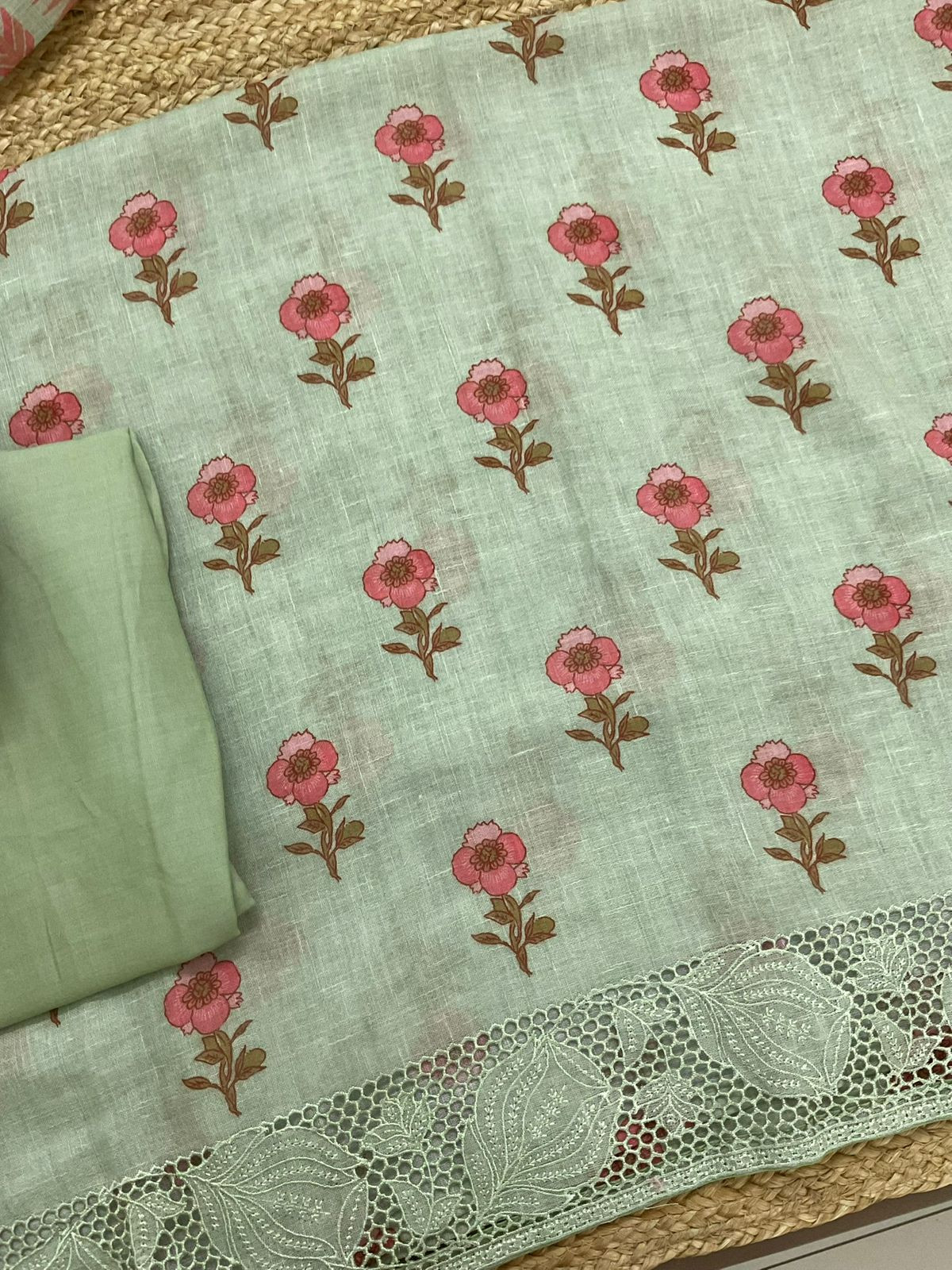 Soft Linen Jute Cotton Printed Embroidered Suit - Green