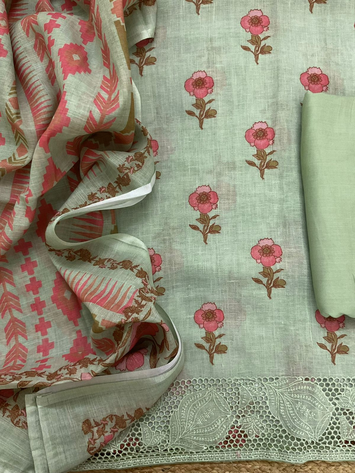 Soft Linen Jute Cotton Printed Embroidered Suit - Green