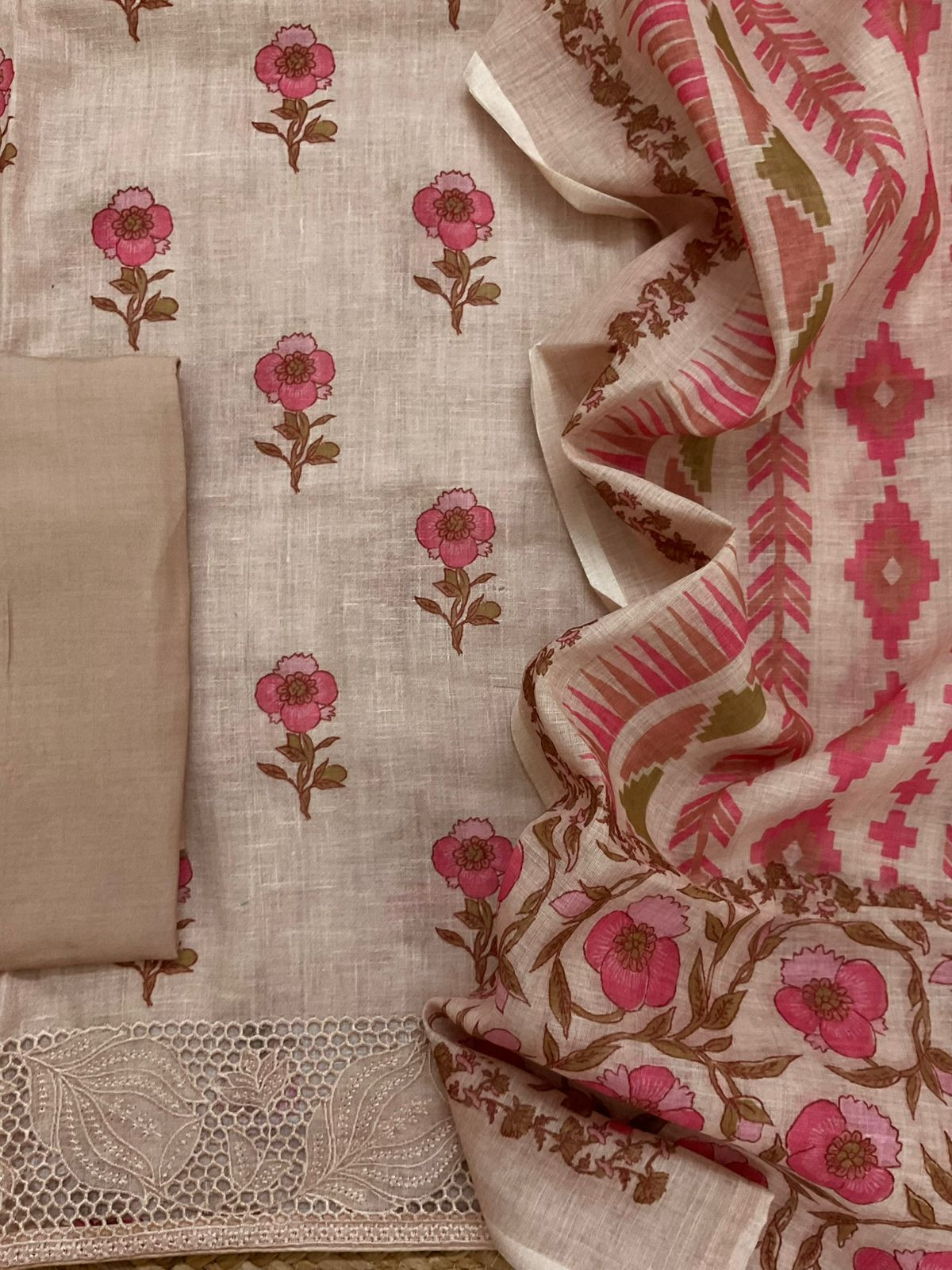 Soft Linen Jute Cotton Printed Embroidered Suit - Light Beige