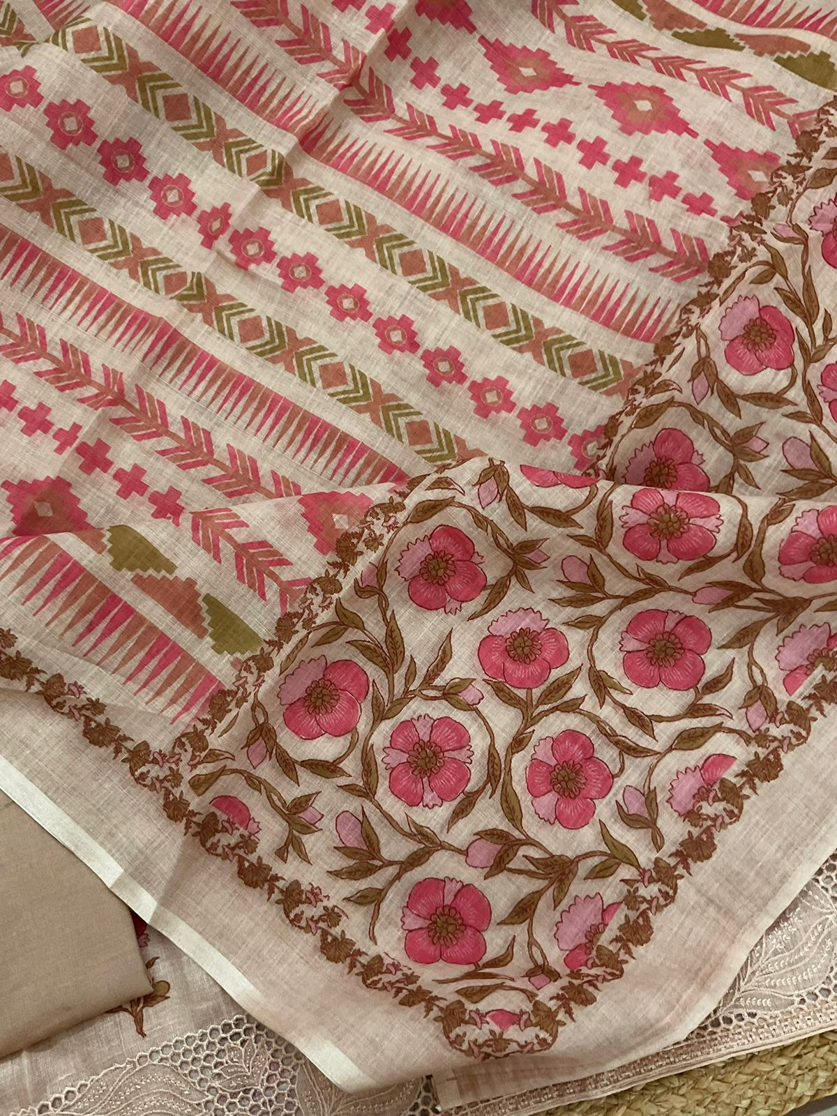 Soft Linen Jute Cotton Printed Embroidered Suit - Light Beige