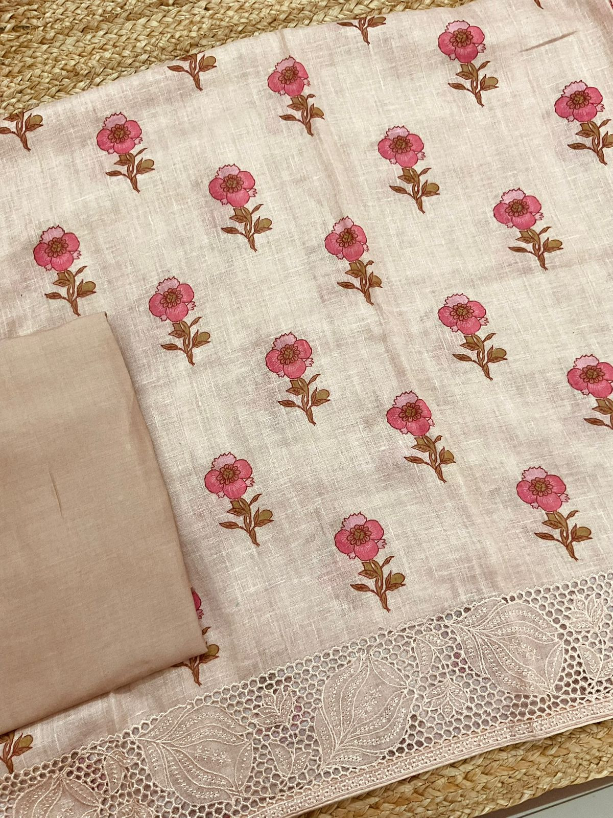 Soft Linen Jute Cotton Printed Embroidered Suit - Light Beige