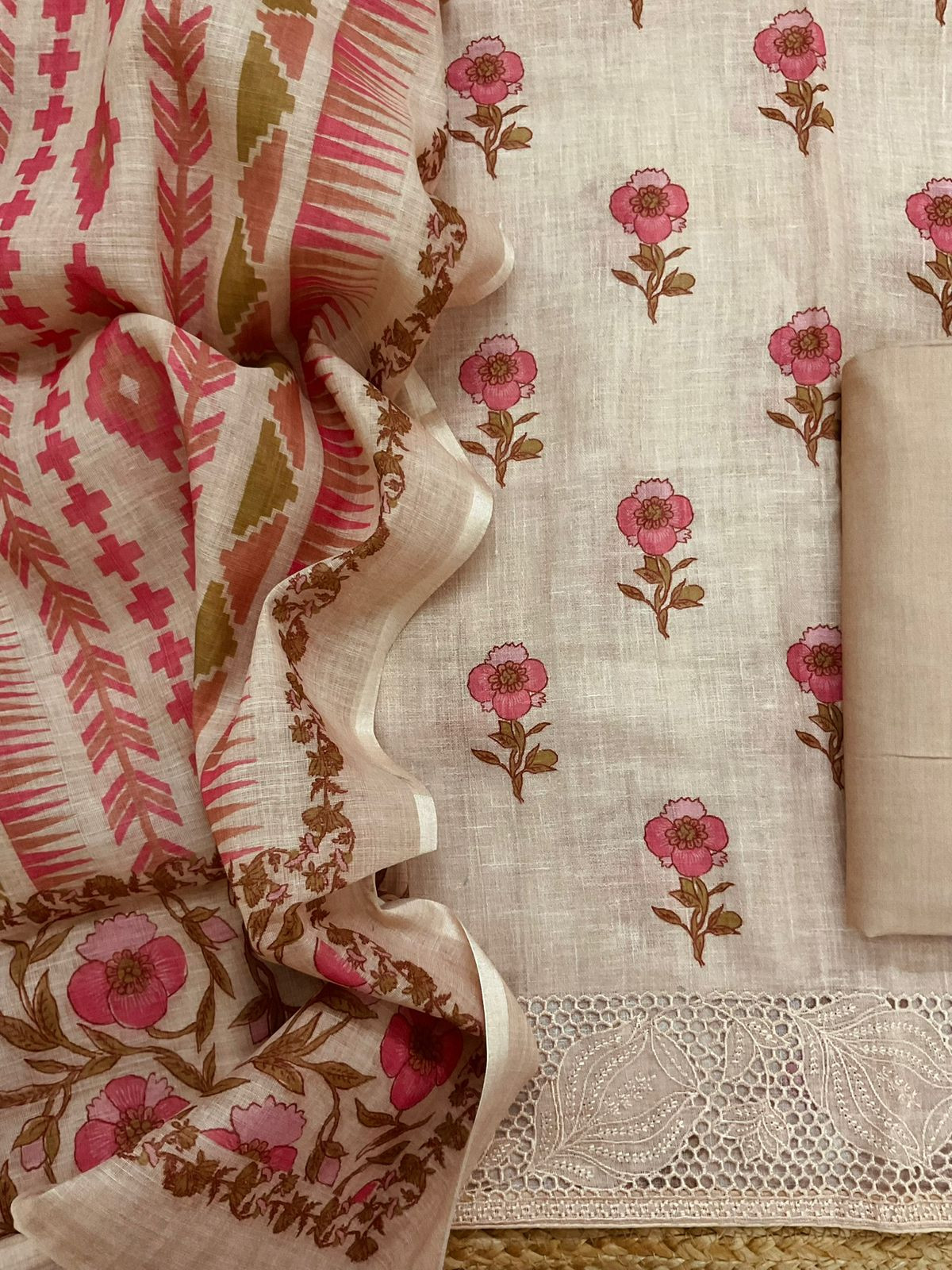Soft Linen Jute Cotton Printed Embroidered Suit - Light Beige