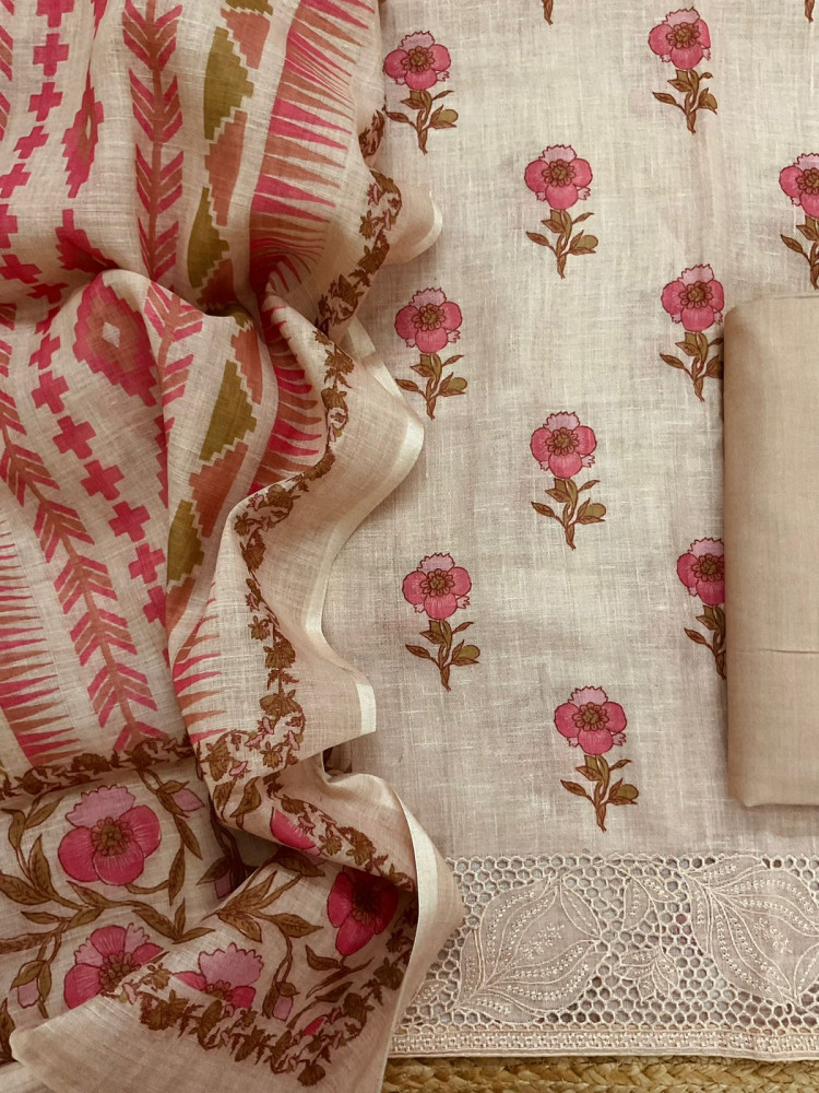 Image of Soft Linen Jute Cotton Printed Embroidered Suit - Light Beige