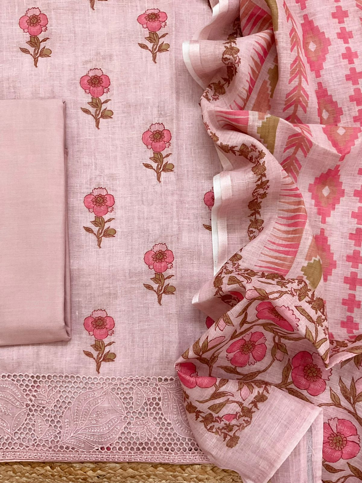 Soft Linen Jute Cotton Printed Embroidered Suit - Onion Pink