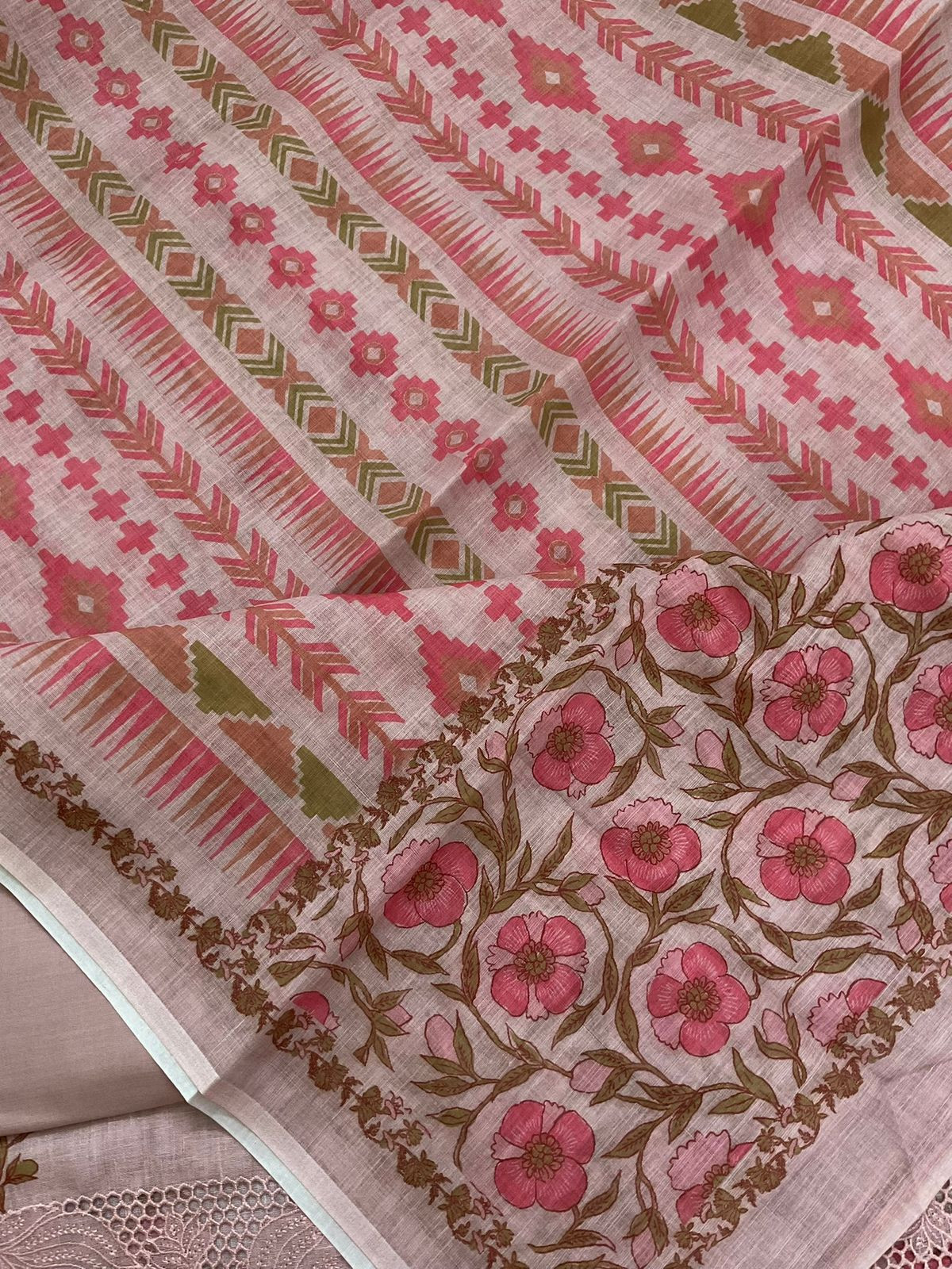 Soft Linen Jute Cotton Printed Embroidered Suit - Onion Pink